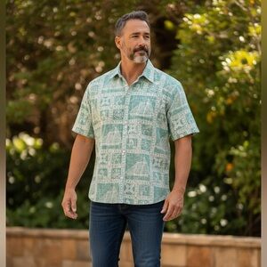 Reyn Spooner Men’s Green White Pullover Short Sleeve Geometric Shirt Size Medium